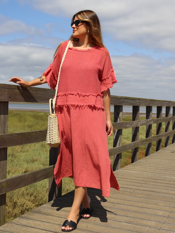 Vestido dos piezas rejilla coral