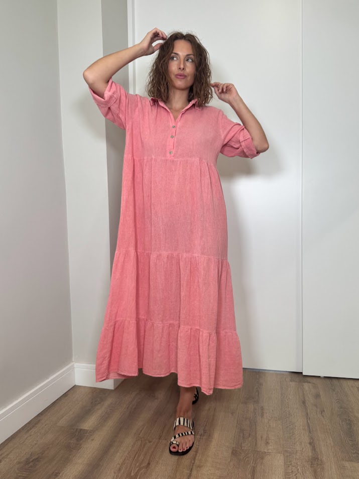 Vestido camisero lino coral