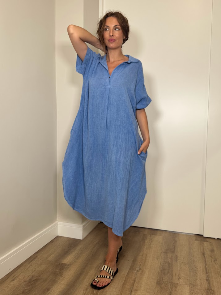 Vestido camisero lino azul