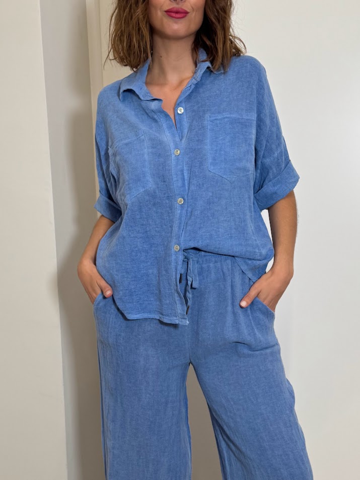 Camisa efecto lino botones azul