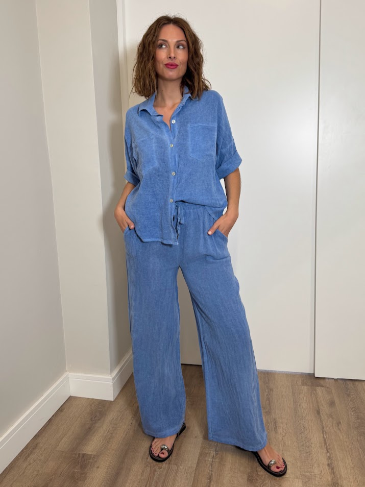 Pantalón efecto lino básico azul