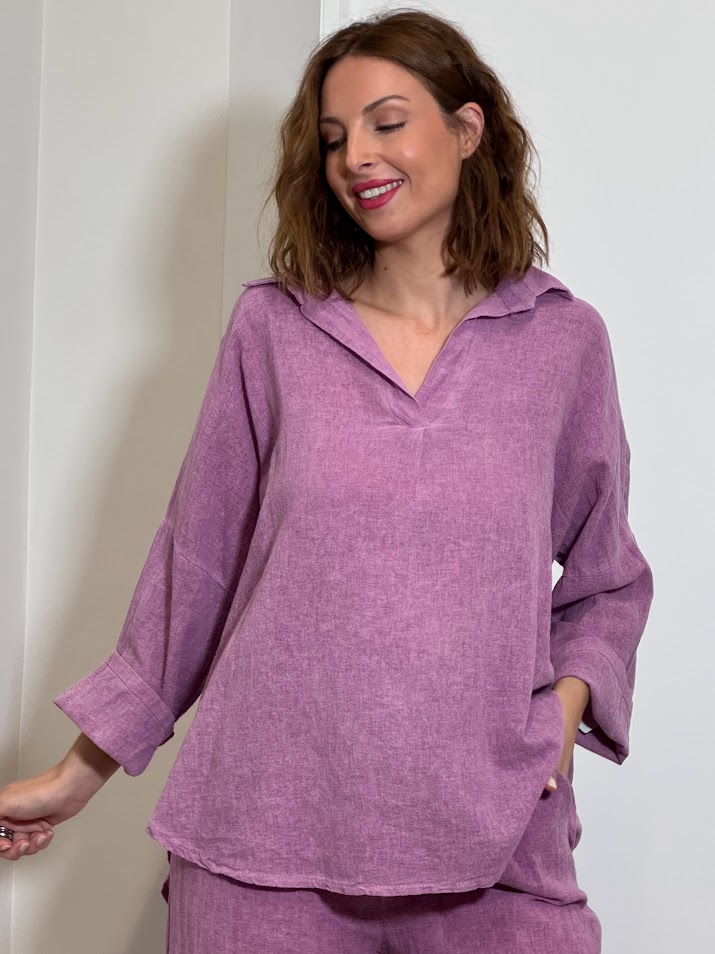 Camisa efecto lino cuellos malva