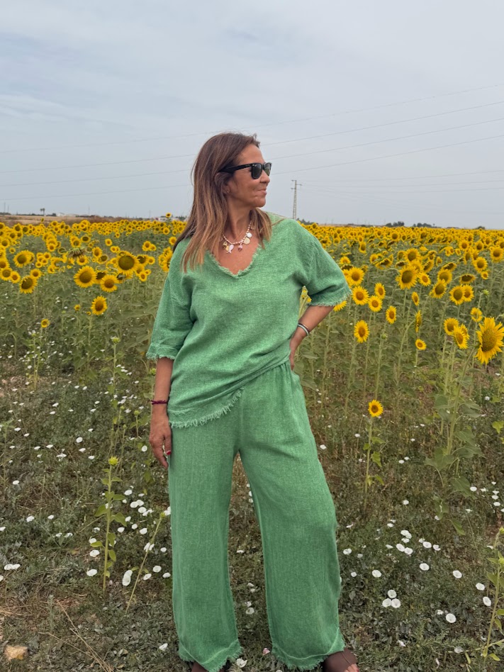 Pantalón conjunto flecos verde