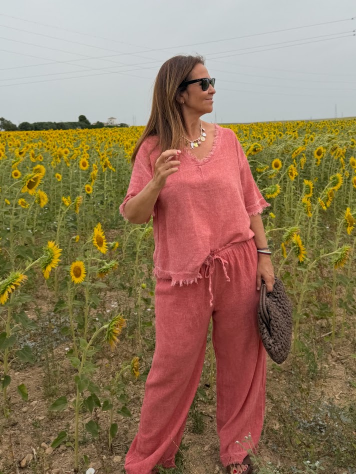 Pantalón conjunto flecos coral