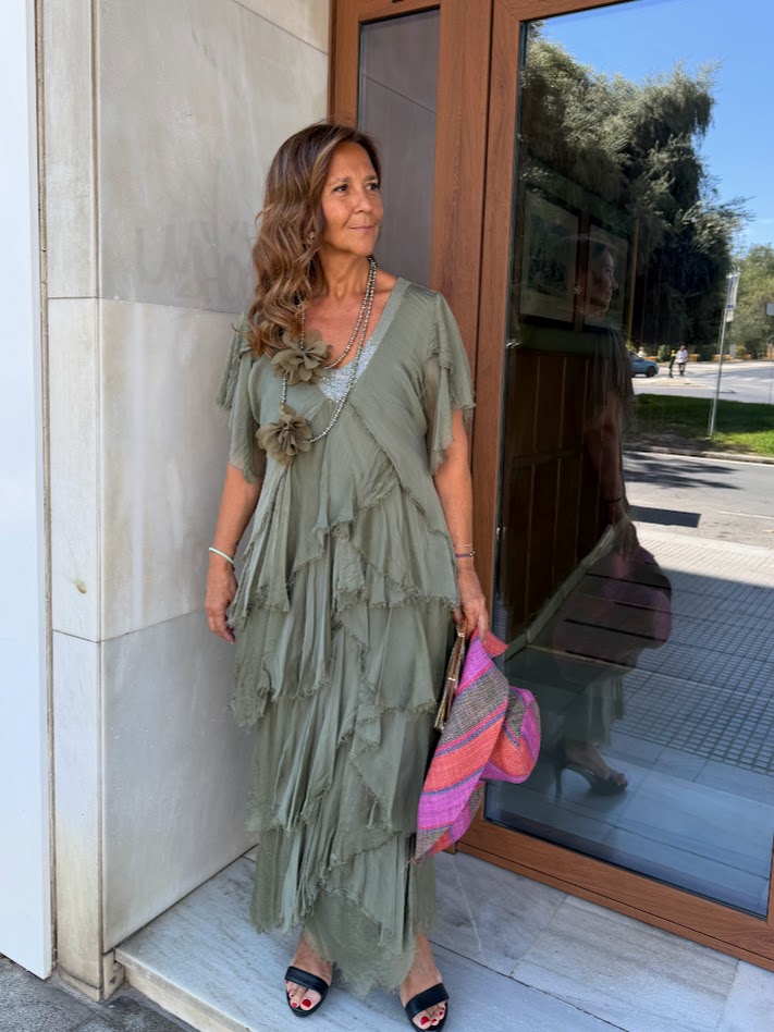 Vestido gasa verde caqui