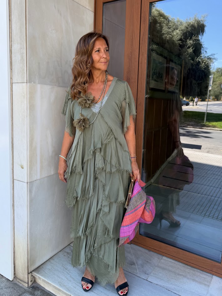 Vestido gasa verde brillo